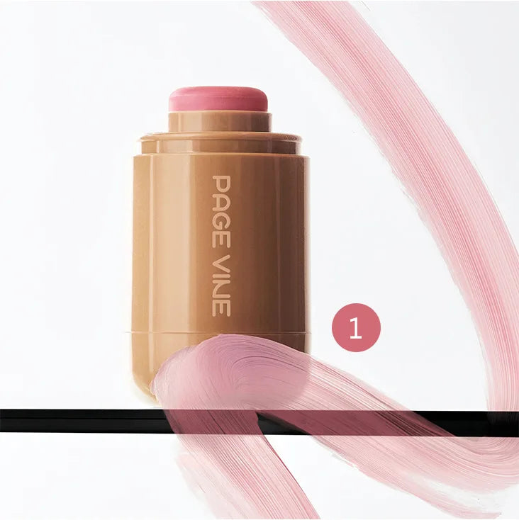 3-in-1 Cheek Lip Tinted Moistured Blush in a stylish stick design with a pink tint and brush strokes.